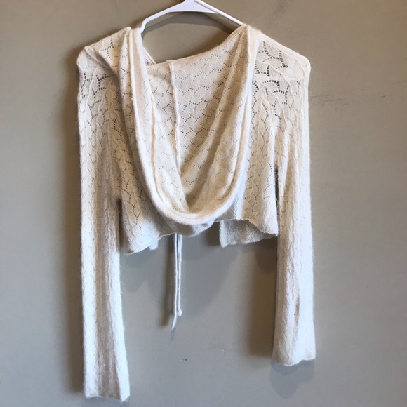 Free People Angora Tie Front Beaded Hooded Shrug Sweater Rabbit Hair - Picture 7 of 7
